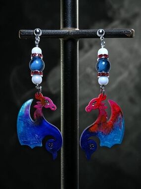 Crimson & Sapphire Blue Resin Dragon Drop Earrings
